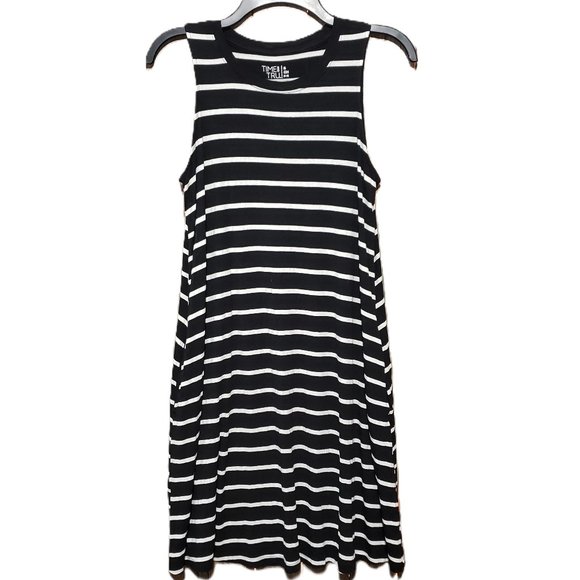 Time Tru S Women's Black White Striped Knit Swing Tank Dress Knee Midi Pockets - Picture 1 of 4